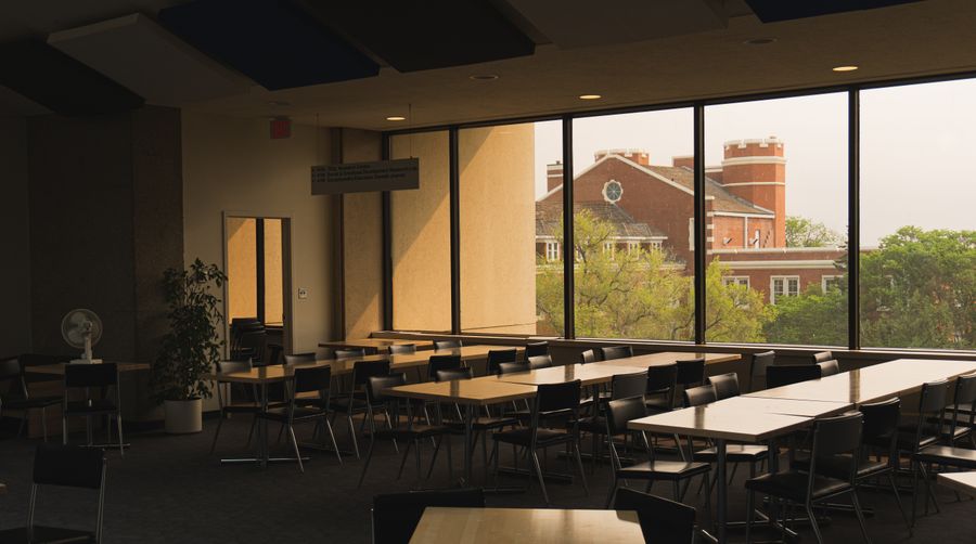 Open event space arranged for a gathering.