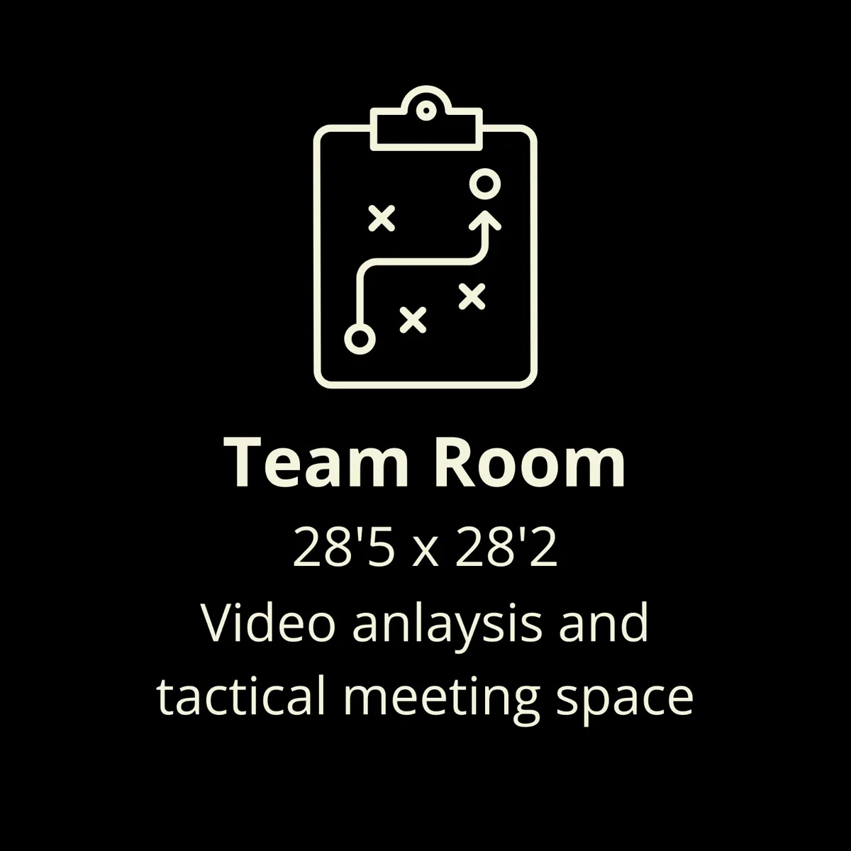 Team Room — 28'5" by 28'2", video analysis and tactical meeting space.